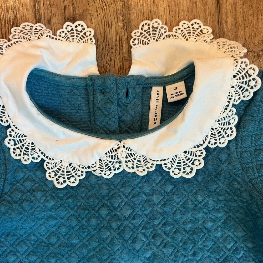 NWOT Janie & Jack Quilted Dress Collared Teal Button 2T